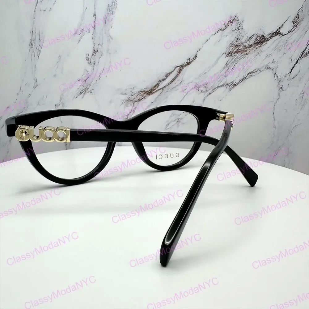 New GUCCI Eyeglasses Black 50mm Acetate Cat Eye Gold Cut Out Metal Logo Rx-able